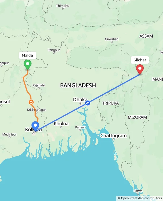 Route map showing distance and travel time from Malda, India to Silchar, India
