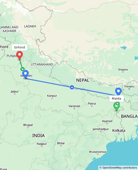 Route map showing distance and travel time from Malda, India to Sirhind, India
