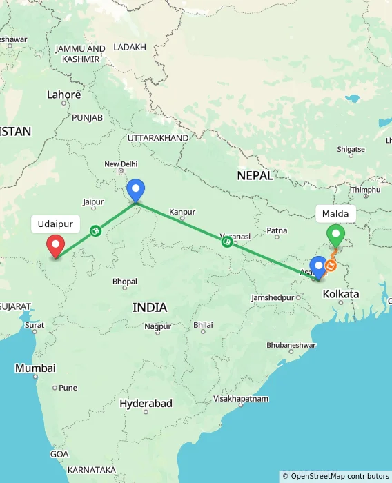 Route map showing distance and travel time from Malda, India to Udaipur, India