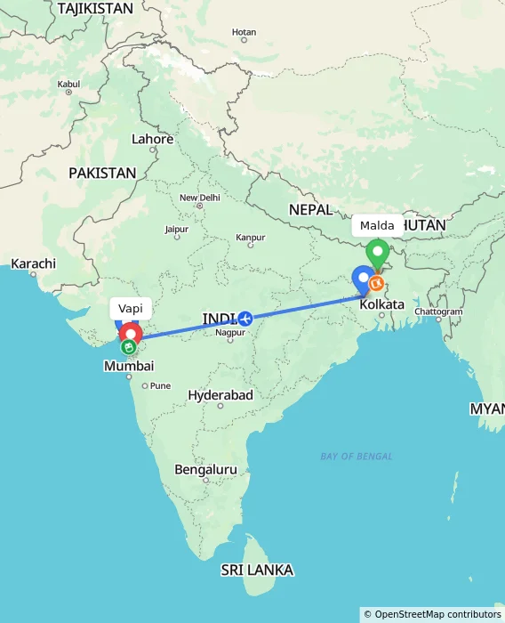 Route map showing distance and travel time from Malda, India to Vapi, India