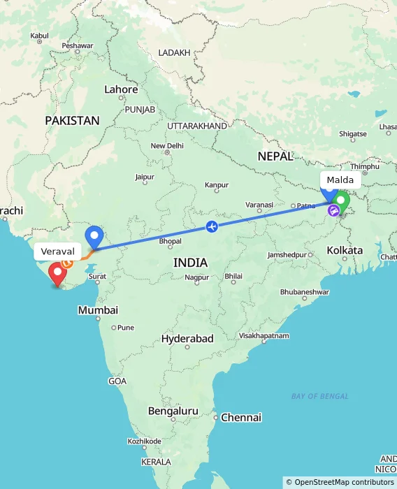Route map showing distance and travel time from Malda, India to Veraval, India
