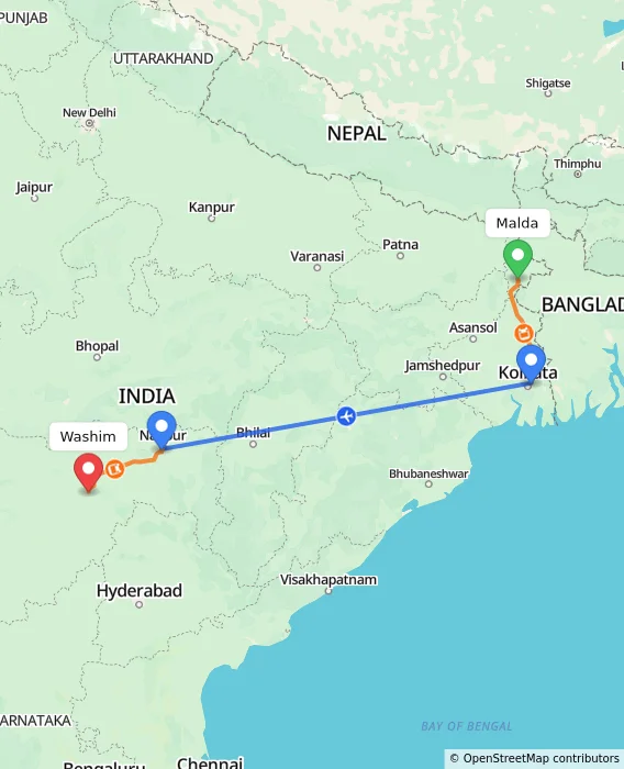 Route map showing distance and travel time from Malda, India to Washim, India