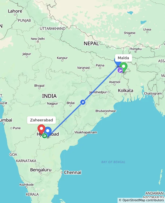 Route map showing distance and travel time from Malda, India to Zaheerabad, India