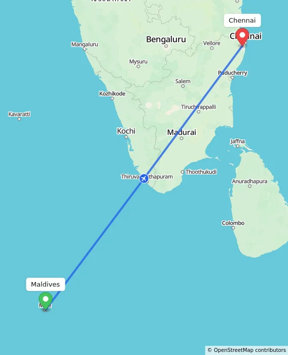 Route map showing distance and travel time from Maldives, Maldives to Chennai, India