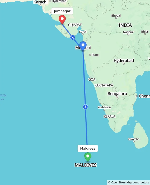 Route map showing distance and travel time from Maldives, Maldives to Jamnagar, India