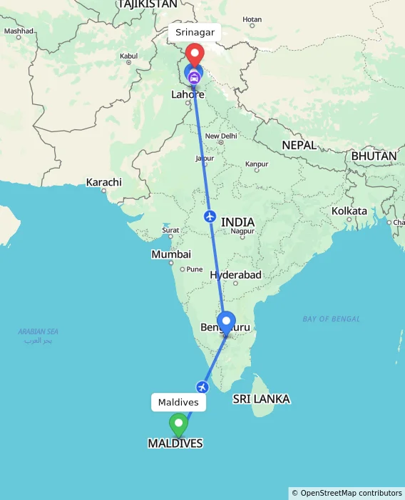Route map showing distance and travel time from Maldives, Maldives to Srinagar, India