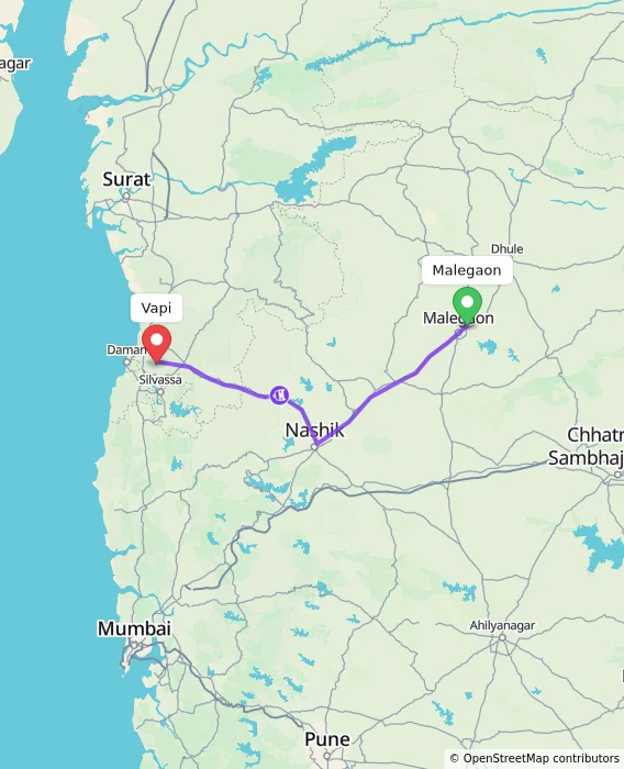 Route map showing distance and travel time from Malegaon, India to Vapi, India