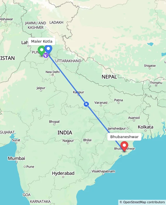 Route map showing distance and travel time from Maler Kotla, India to Bhubaneshwar, India