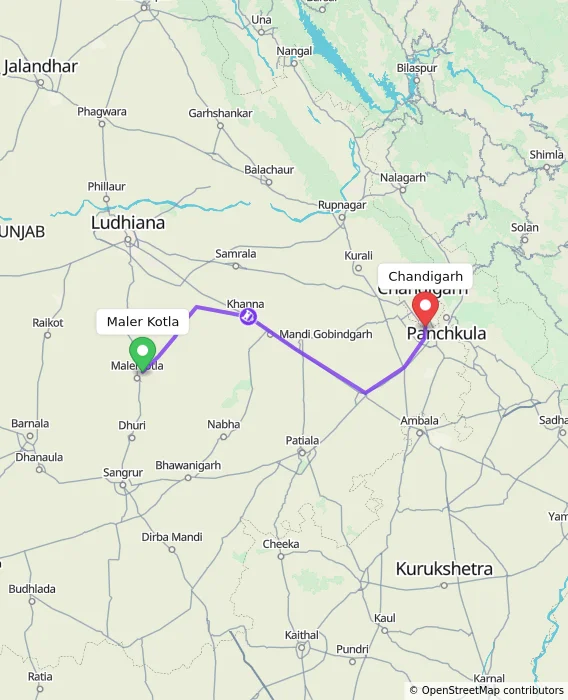 Route map showing distance and travel time from Maler Kotla, India to Chandigarh, India