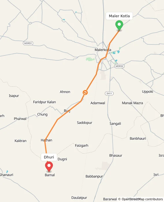 Route map showing distance and travel time from Maler Kotla, India to Dhuri, India