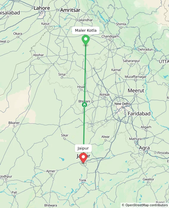 Route map showing distance and travel time from Maler Kotla, India to Jaipur, India