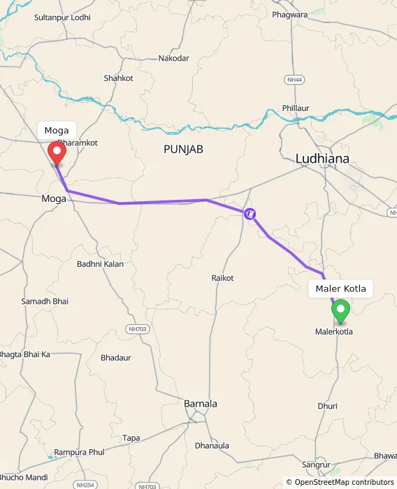 Route map showing distance and travel time from Maler Kotla, India to Moga, India