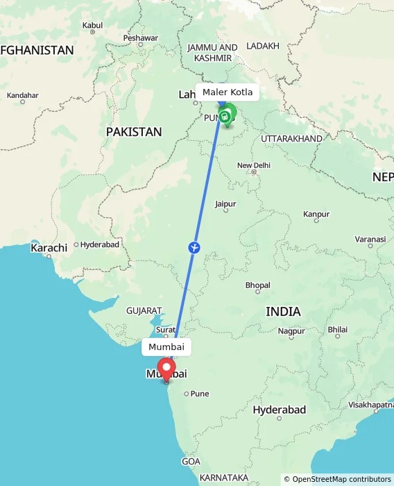 Route map showing distance and travel time from Maler Kotla, India to Mumbai, India