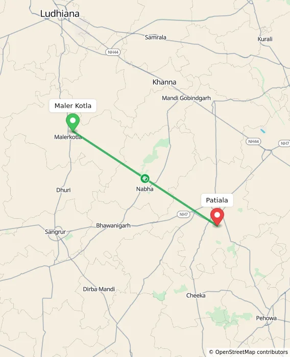 Route map showing distance and travel time from Maler Kotla, India to Patiala, India