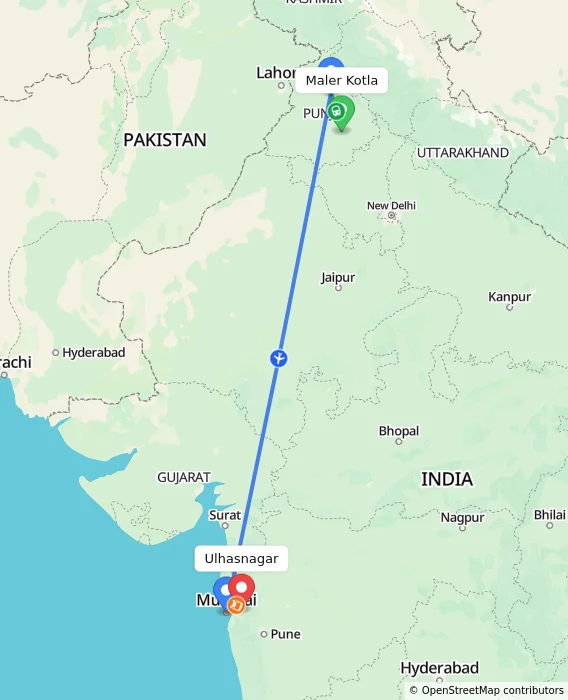 Route map showing distance and travel time from Maler Kotla, India to Ulhasnagar, India