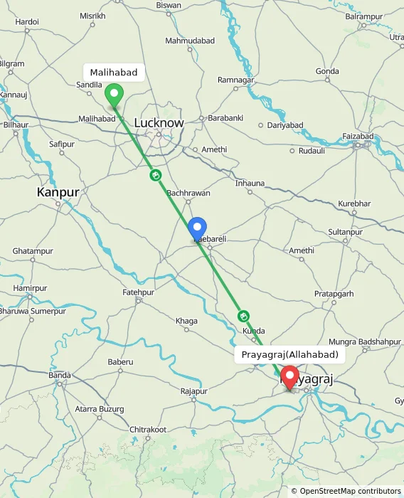 Route map showing distance and travel time from Malihabad, India to Allahabad, India