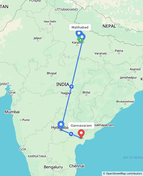 Route map showing distance and travel time from Malihabad, India to Gannavaram, India