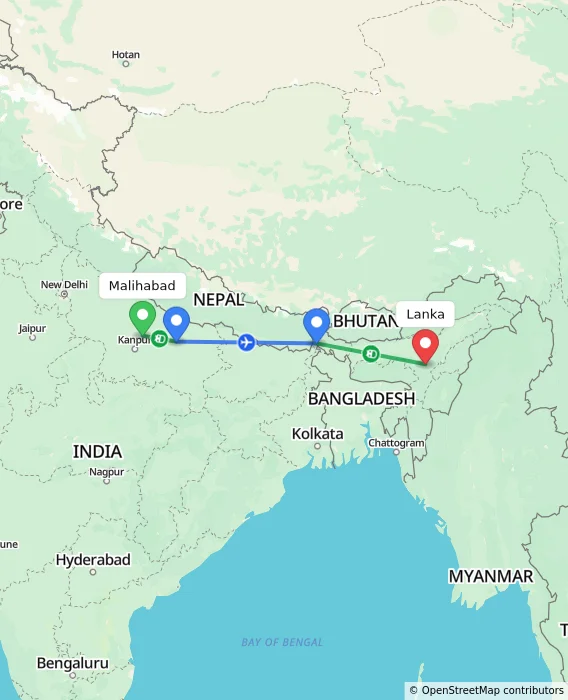 Route map showing distance and travel time from Malihabad, India to Lanka, India
