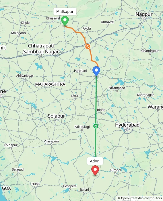 Route map showing distance and travel time from Malkapur, India to Adoni, India