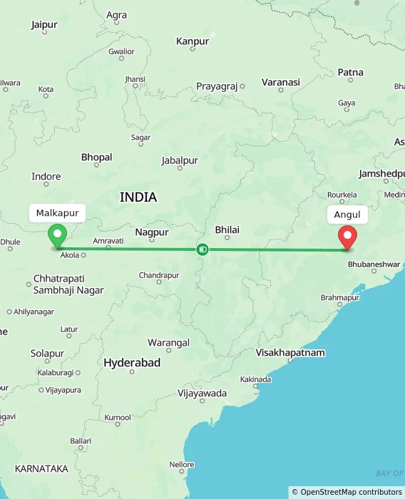 Route map showing distance and travel time from Malkapur, India to Angul, India