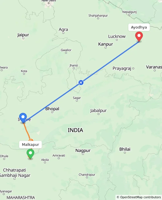 Route map showing distance and travel time from Malkapur, India to Ayodhya, India
