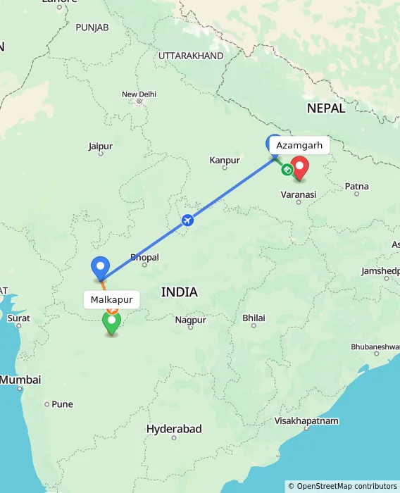 Route map showing distance and travel time from Malkapur, India to Azamgarh, India