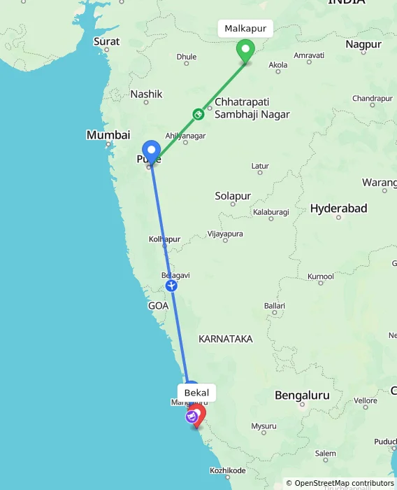 Route map showing distance and travel time from Malkapur, India to Bekal, India