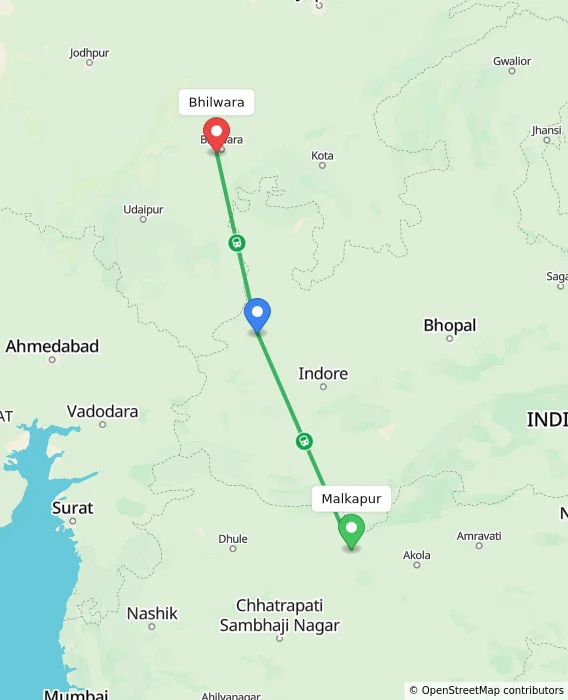 Route map showing distance and travel time from Malkapur, India to Bhilwara, India
