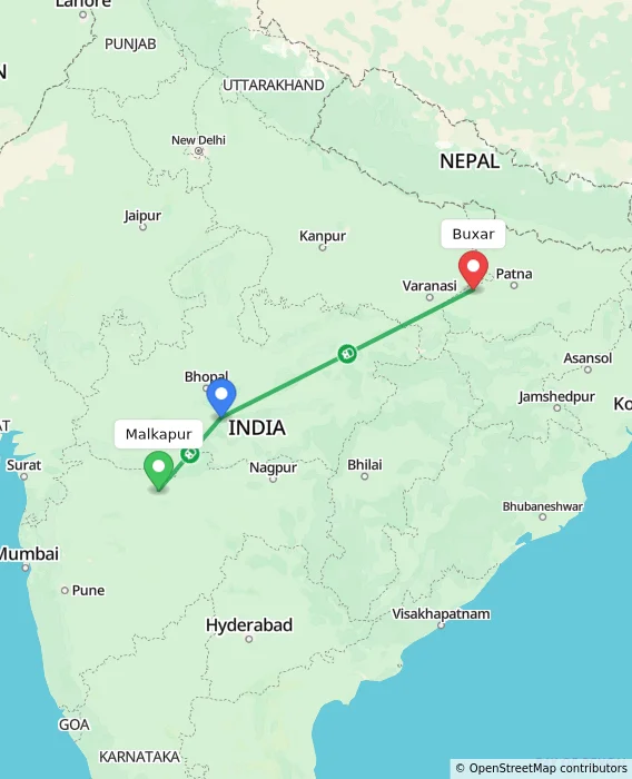 Route map showing distance and travel time from Malkapur, India to Buxar, India