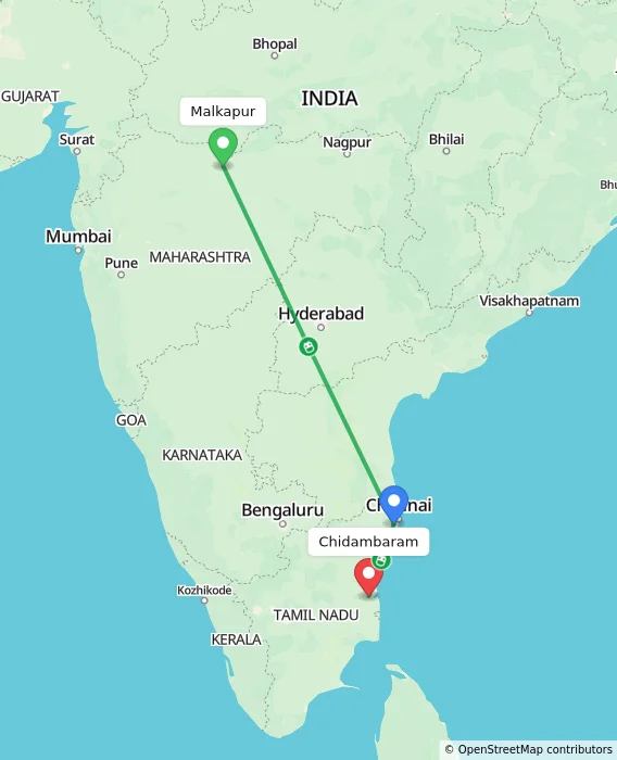Route map showing distance and travel time from Malkapur, India to Chidambaram, India