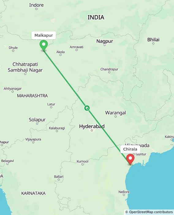 Route map showing distance and travel time from Malkapur, India to Chirala, India