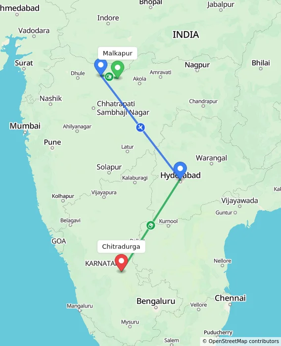 Route map showing distance and travel time from Malkapur, India to Chitradurga, India