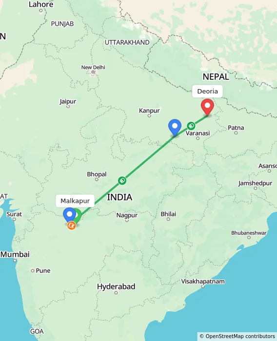 Route map showing distance and travel time from Malkapur, India to Deoria, India