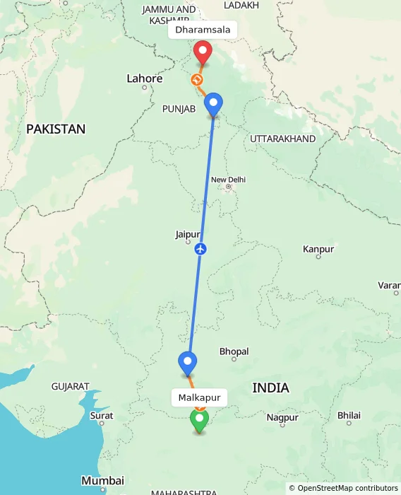 Route map showing distance and travel time from Malkapur, India to Dharamsala, India