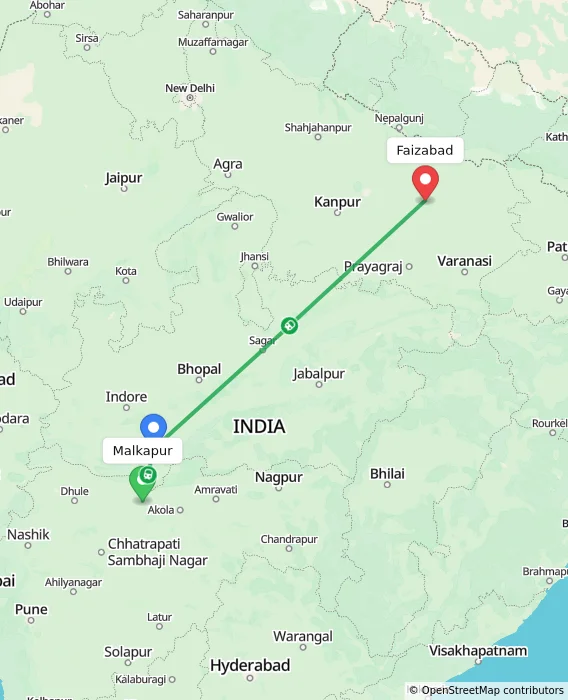 Route map showing distance and travel time from Malkapur, India to Faizabad, India