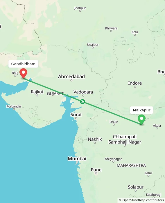 Route map showing distance and travel time from Malkapur, India to Gandhidham, India