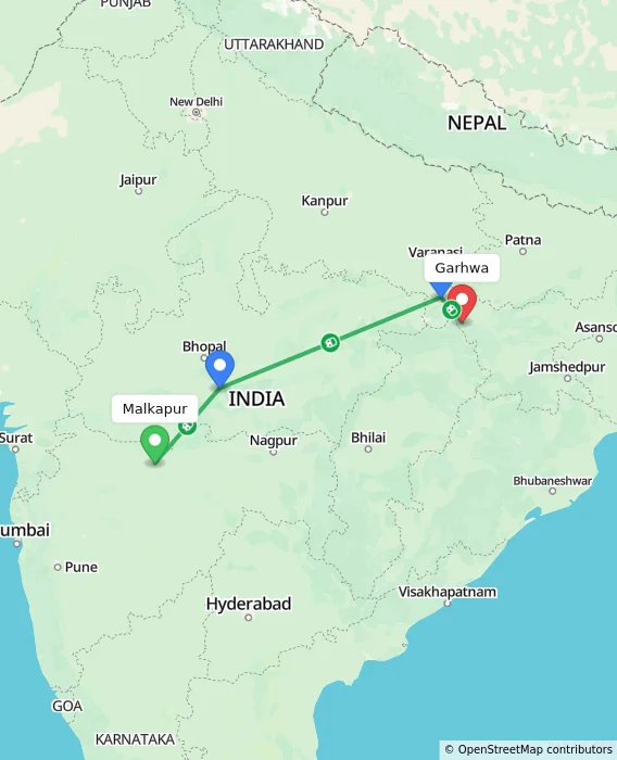 Route map showing distance and travel time from Malkapur, India to Garhwa, India