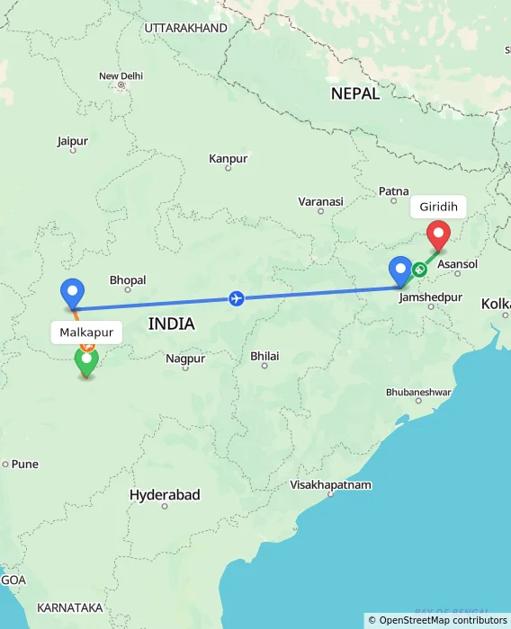 Route map showing distance and travel time from Malkapur, India to Giridih, India