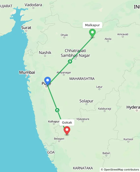 Route map showing distance and travel time from Malkapur, India to Gokak, India