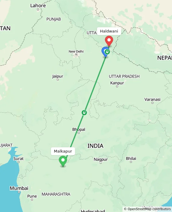 Route map showing distance and travel time from Malkapur, India to Haldwani, India