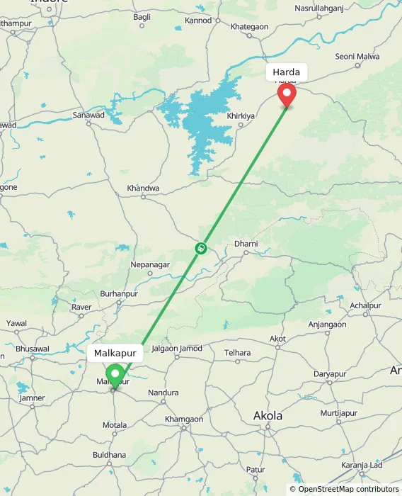 Route map showing distance and travel time from Malkapur, India to Harda, India