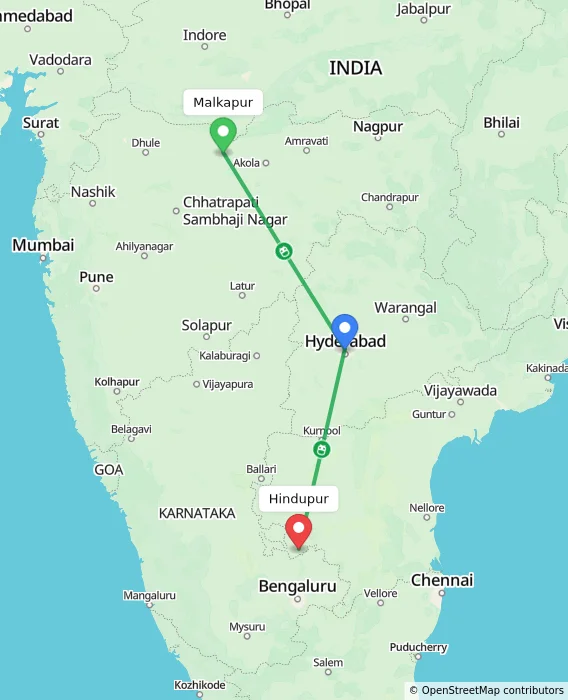 Route map showing distance and travel time from Malkapur, India to Hindupur, India