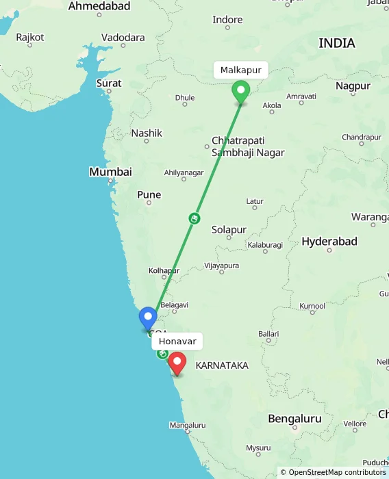 Route map showing distance and travel time from Malkapur, India to Honavar, India