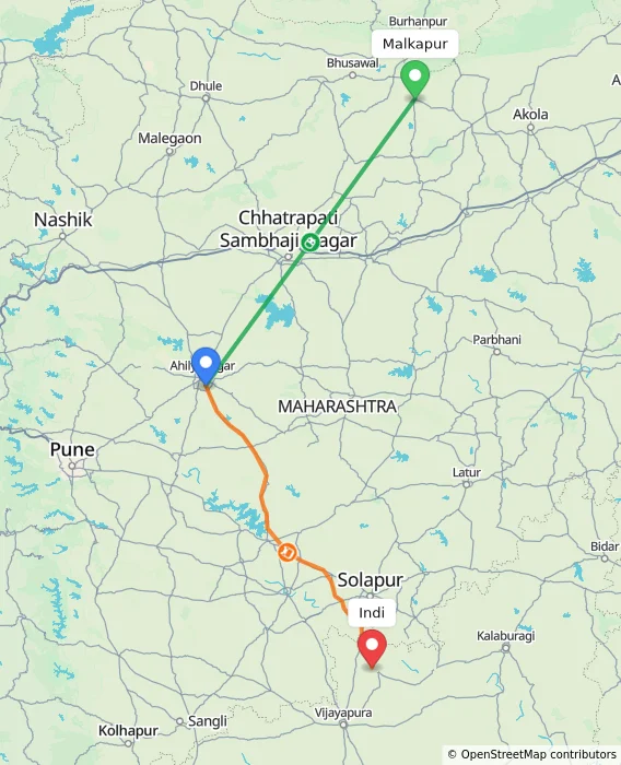 Route map showing distance and travel time from Malkapur, India to Indi, India