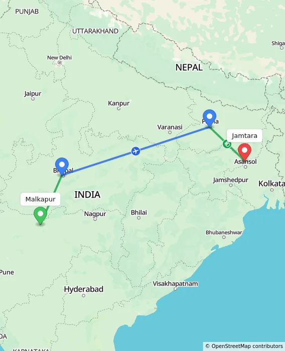 Route map showing distance and travel time from Malkapur, India to Jamtara, India