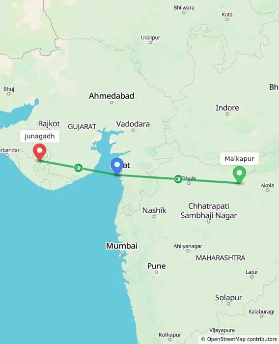 Route map showing distance and travel time from Malkapur, India to Junagadh, India