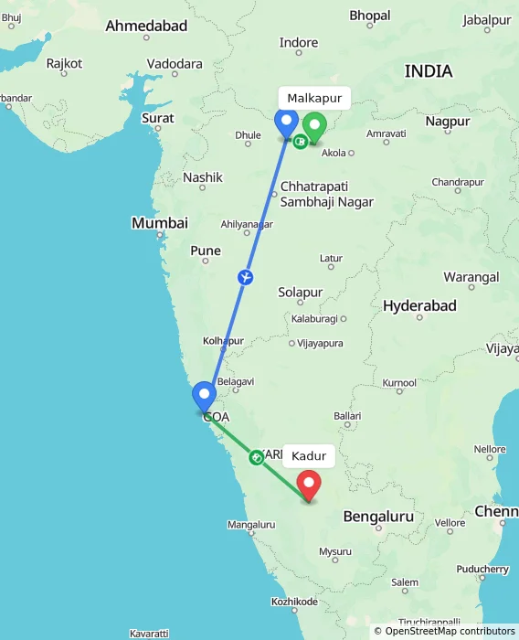 Route map showing distance and travel time from Malkapur, India to Kadur, India