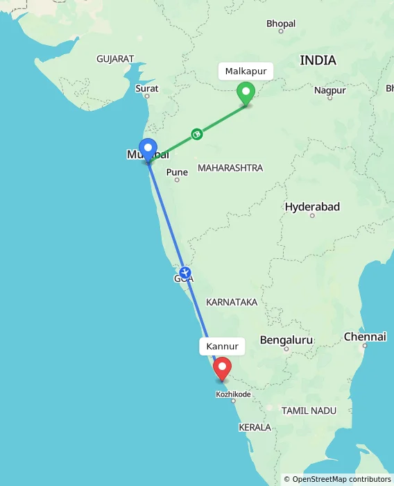 Route map showing distance and travel time from Malkapur, India to Kannur, India