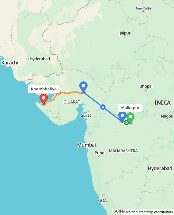 Route map showing distance and travel time from Malkapur, India to Khambhaliya, India