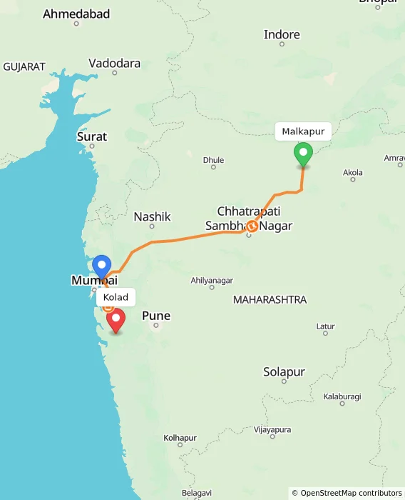 Route map showing distance and travel time from Malkapur, India to Kolad, India
